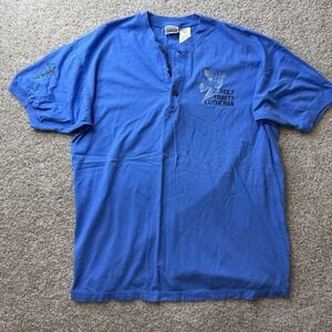 Vintage Basic Editions Holy Trinity Lutheran Shirt Mens Large Blue Henley Tee